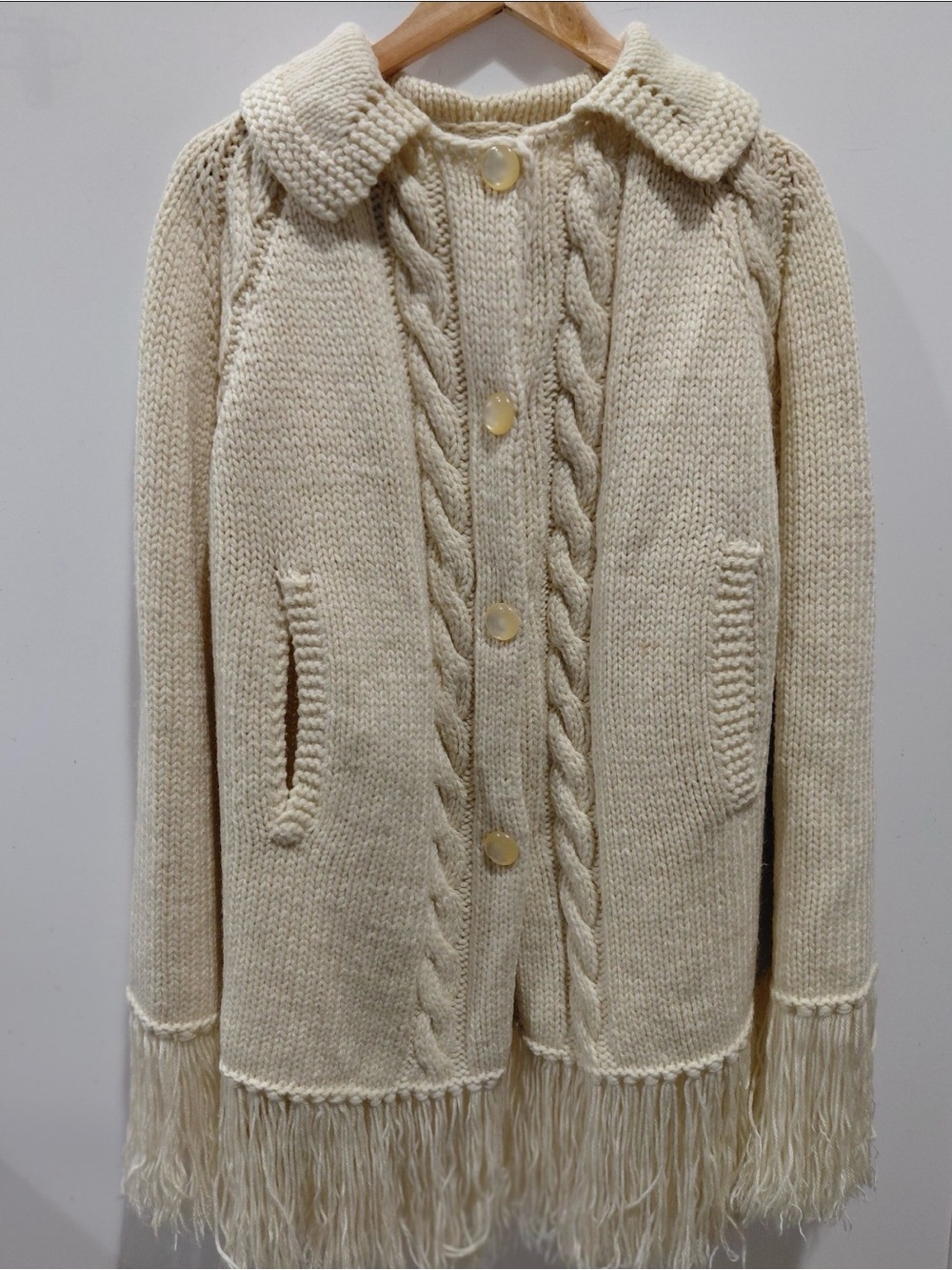 VINTAGE Cream‎ Cable Knit Cape Pancho With Fringe - Maybe 1960s